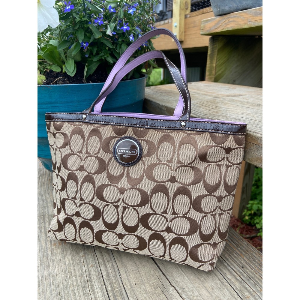Vintage Y2K Coach Signature Mini Tote Bag Beige Brown Rare Purple Lining